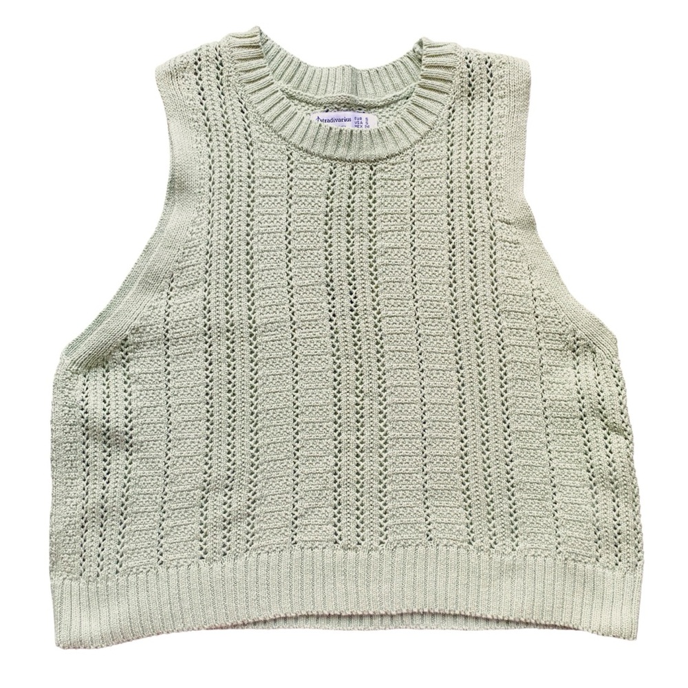 Stradivarius Knit 100% Cotton Sage Green Sweater Vest Size Small